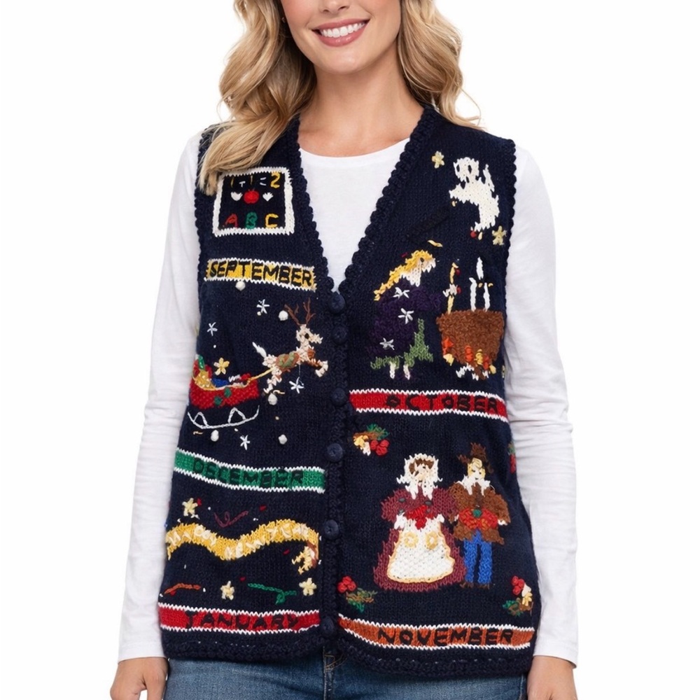 Erika Hand Knit Vintage Womens Size L Fall/Winter Navy Blue Holiday Sweater Vest